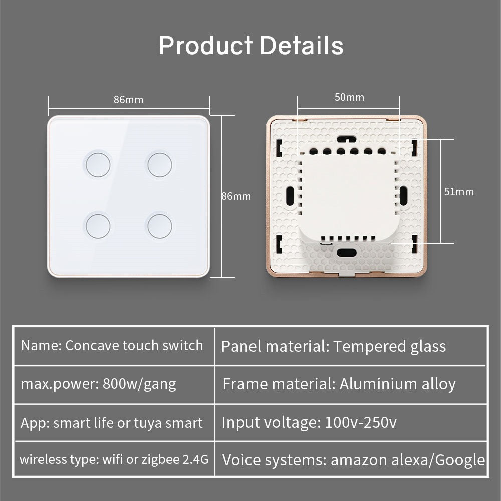 Smart Lights Switch Touch Glass Panel Zigbee 3D Concave Touch Button Rose Gold Outline